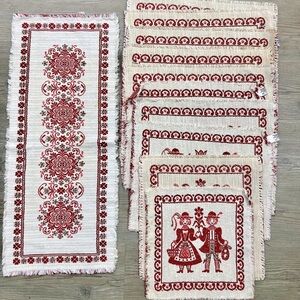 11 Piece Set Vtg Austrian Folk Art Woven Placemats & Table Runner Austria